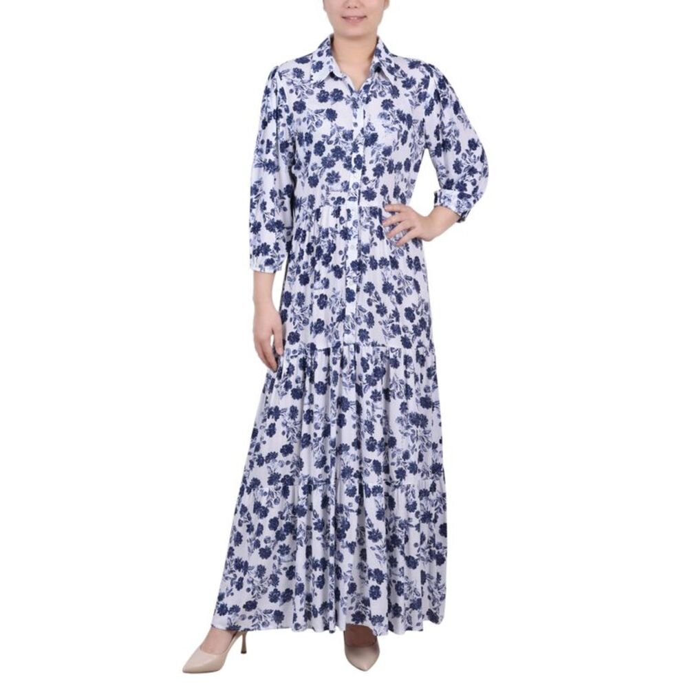NY Collection Petite 3/4 Sleeve Crinkle Tiered Maxi Dress
